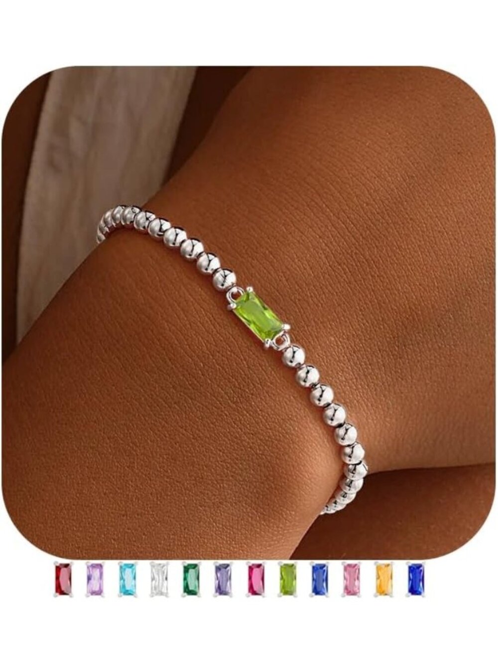 Women's Mint Green Silver Plated Birthstone Beaded Bracelet Dainty Jewelry Gift
